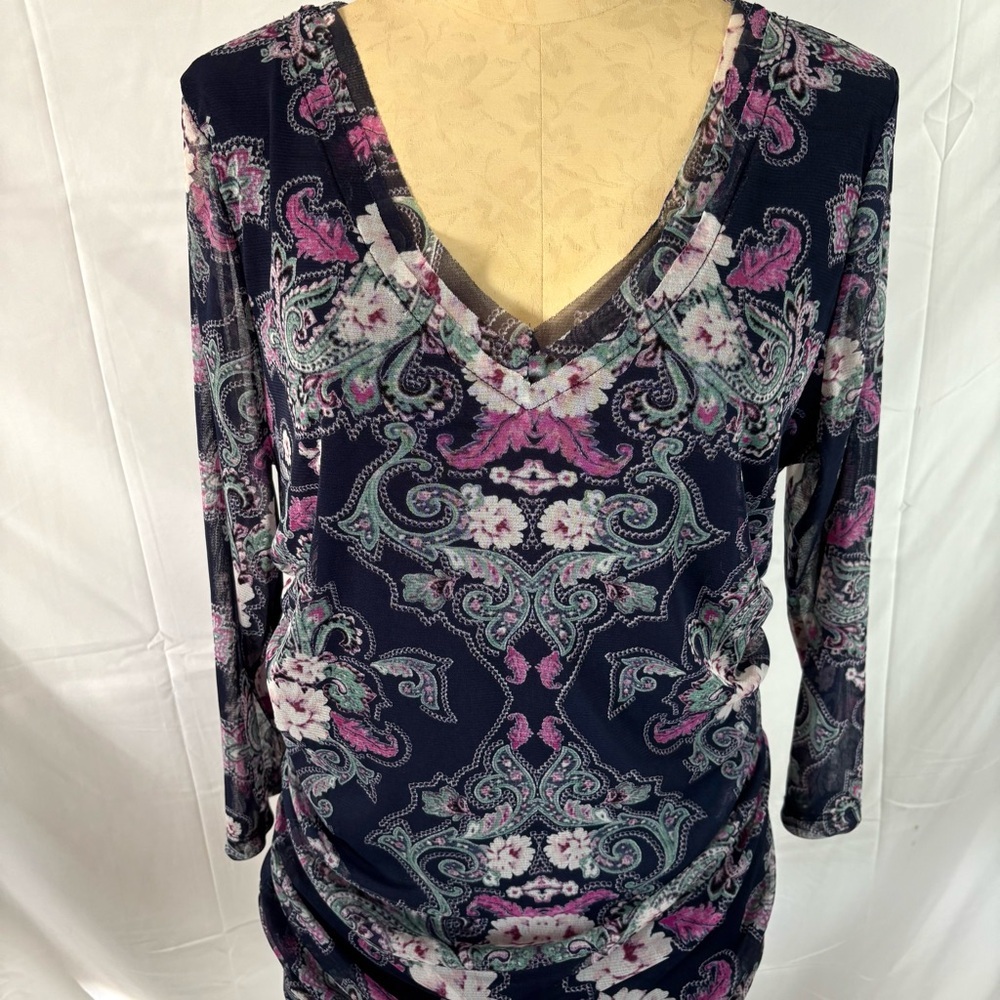 Y2K purple pink paisley sheer print long sleeve blouse top women’s XL boho indie - Picture 2 of 5